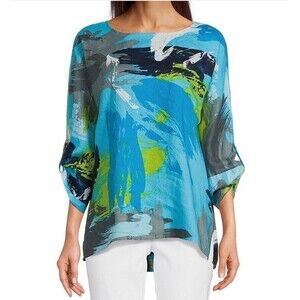 J2 Ali Miles Abstract Print Linen Tunic Top Roll Tab Sleeve NWT Sz XL